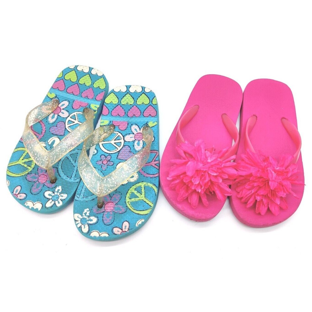 Lot Of 2 Girls Flip Flops Size 6/7 & 9/10 Sandals Shoes Children's Kids Girl